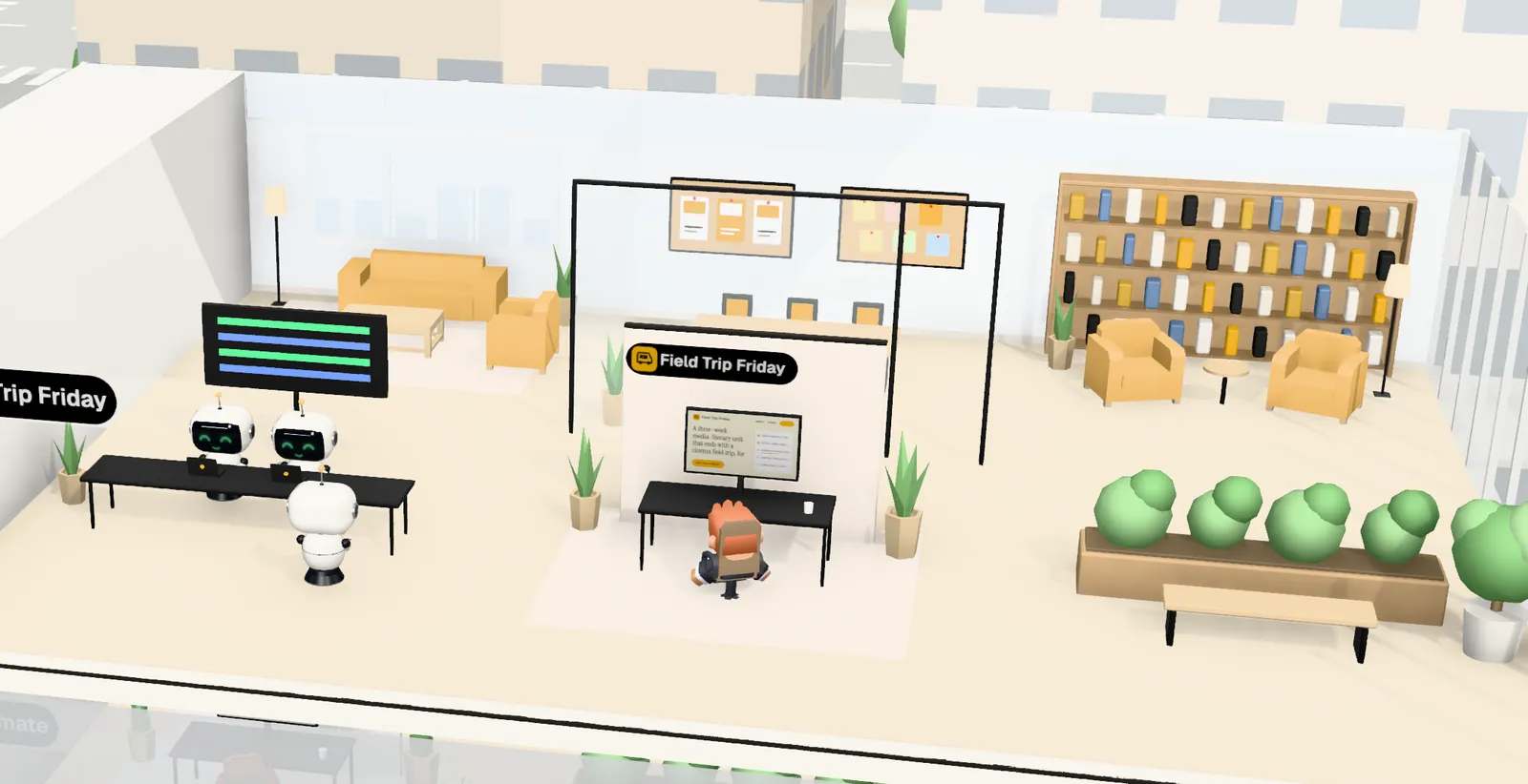 Field Trip Friday’s office on floor 2 of Tower 1: the owner’s desk with the website on screen, the agents’ bench, a meeting room and a library